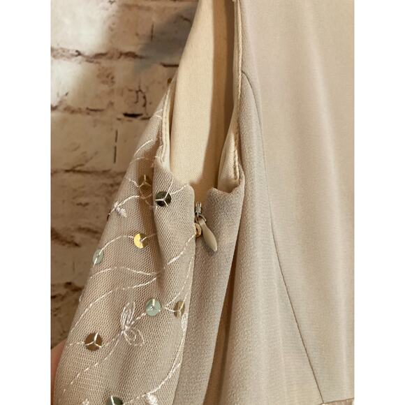 Le Bos Dress Womens 14W Tan Midi Gown Mesh Embroidery Satin Sequins Coquette - Picture 14 of 15